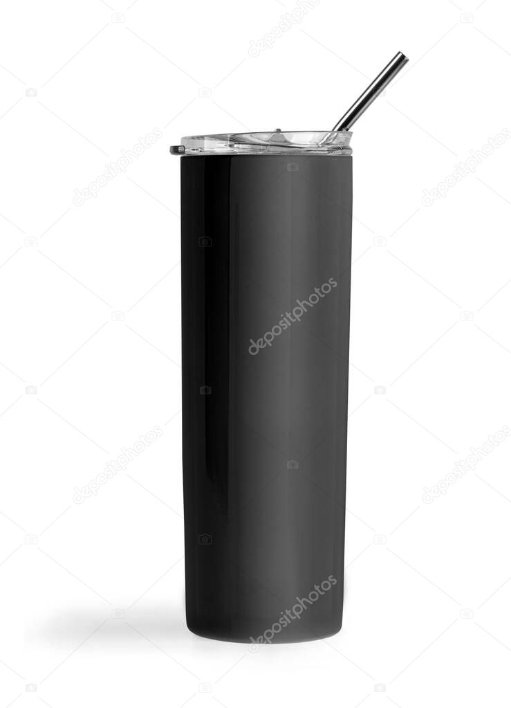 Blank Black Stainless Steel Tumbler with Lid for branding mock up. Isolated on white with clipping path