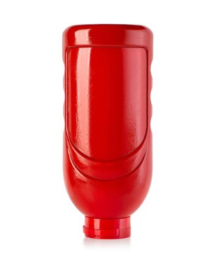 Ketçap şişesi beyaz bir arka planda izole edilmiş. Kesilmiş bir yörüngesi var.