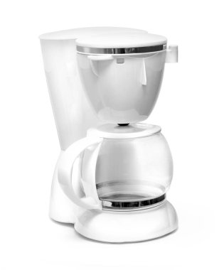 Kahve makinesi beyazda izole edildi. Yan Görünüm Beyaz Kahve Üreticisi veya Otomatik Espresso Kahve Makinesi Açık Sürahi Saplı.
