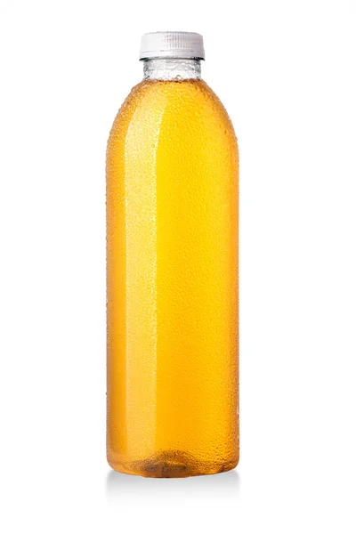 Plastic Fles Drank Geïsoleerd Wit Met Druppels — Stockfoto