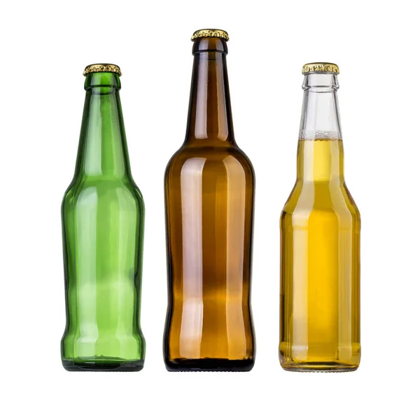 Verde Brown Garrafas Amarelas Cerveja Sobre Fundo Branco — Fotografia de Stock