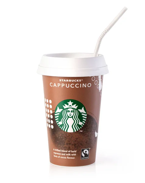 Kišiněv Moldavsko Březen 2021 Starbucks Cappuccino Cup Slámou Bílém Pozadí — Stock fotografie