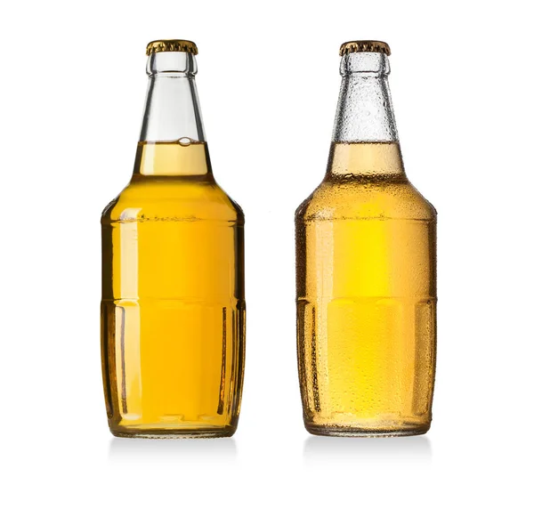 Две Золотые Большие Пивные Бутылки Изолированные Белом — стоковое фото