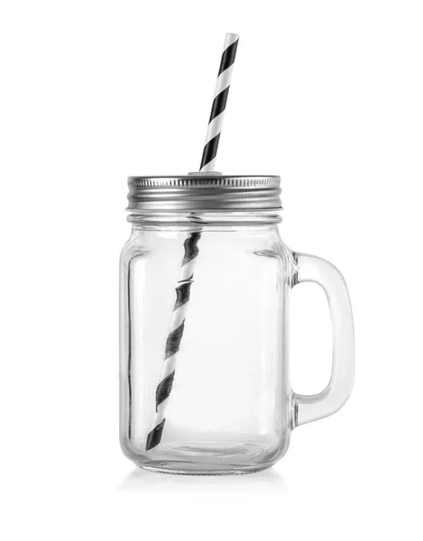 Mason Jar Trinkglas Mit Einem Griff Isoliert Auf Weißem Hintergrund — Stockfoto