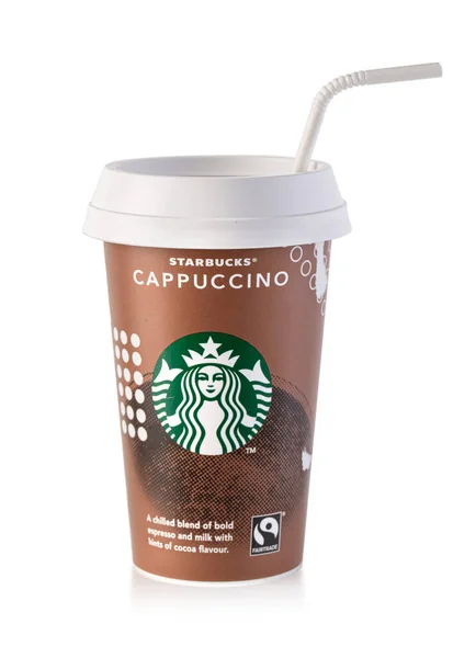 Chisinau Moldova 2021 Március Starbucks Cappuccino Cup Szalmával Fehér Alapon — Stock Fotó