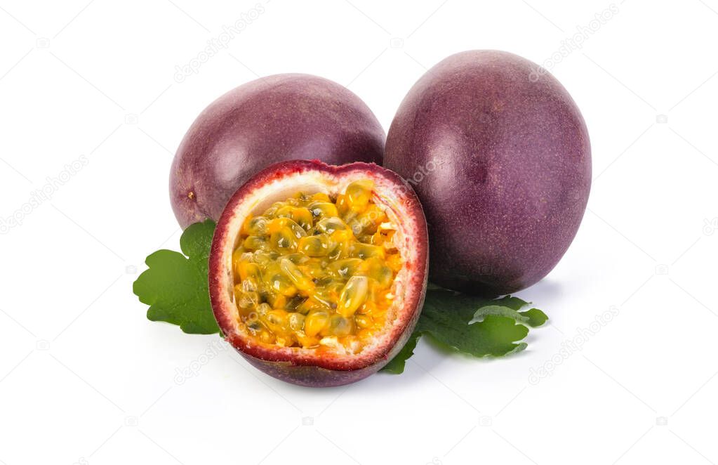 passion fruit with leaf on white background with clipping path