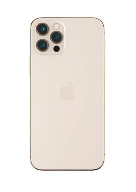 Chisinau, Moldova - 11 Mayıs 2021: Apple Inc. 'nin yeni iPhone 12 Pro Gold rengi beyaz iPhone' da izole edildi