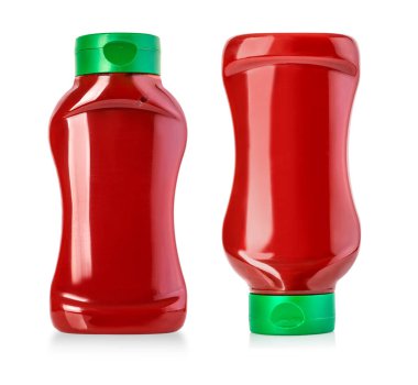 Beyaz arkaplanda kırpma yolu ile izole edilmiş ketçap şişeleri