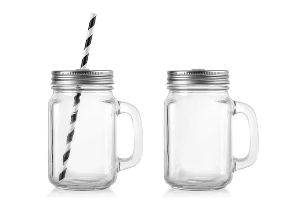 Vidro Mason Jar Bebendo Com Uma Alça Isolada Fundo Branco — Fotografia de Stock