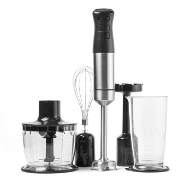 Daldırma El Blenderi beyaza izole edildi. Paslanmaz Çelik El Blenderi. Modern Kitchen Blade Öğütücü. Elektrik Mutfağı Küçük Aletler. 