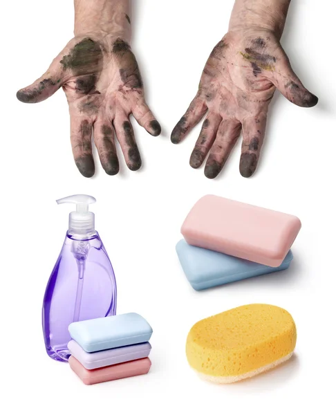 Dirty hands and soap — Zdjęcie stockowe