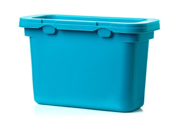 Studio shot of a closed light blue plastic storage box with reflection, isolated on white