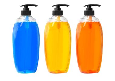Three colorful soap or shampoo bottles with black dispenser pump on transparent background, ready for mockup or branding