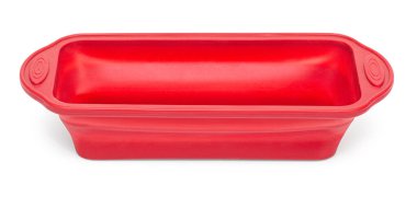 Red silicone loaf pan on white background, ideal for baking