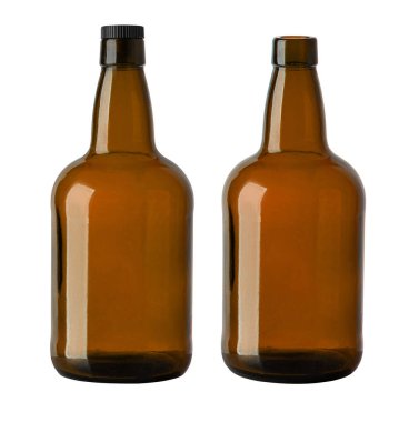 İki kahverengi cam şişe, biri kapaklı ve biri açık, beyaz arka planda.