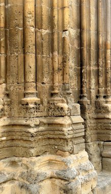 Yıpranmış taş sütunlar ve karmaşık oymalar antik mimari bir arkaplan oluşturuyor.