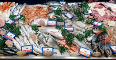 Palermo, İtalya, 29 Kasım 2025: Bir pazarda buz üzerinde sergilenen taze balık ve deniz ürünleri çeşitliliği