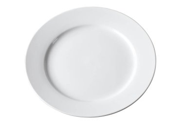 Beyaz seramik tabak, yemek servisi için yemek takımı, şeffaf arkaplanda üst görünüm.