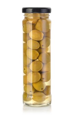 Yeşil zeytin, tuzlu suyla dolu, beyaz bir kavanozda saklanır.