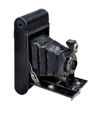 Eski fotoğraf teknolojisini temsil eden klasik bir tasarım gösteren siyah antika katlama kamerası.