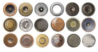 Eski metal kot düğmeleri, çiviler ve eski dokuları olan bağlayıcılar, şeffaf arka plan