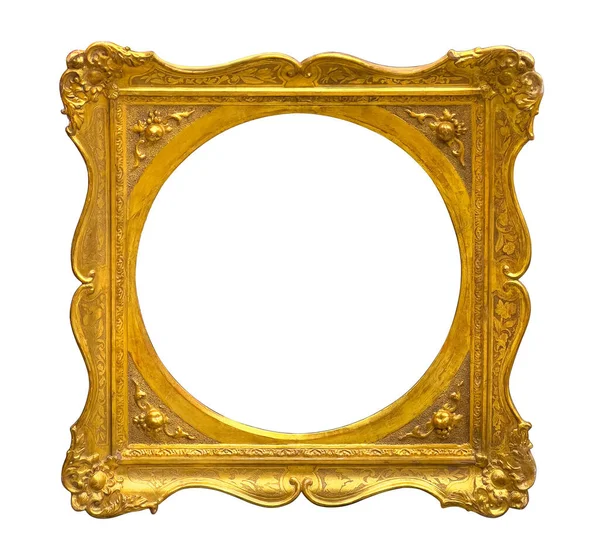 Üzerinde rokoko oyması ve şeffaf arkaplan ile izole edilmiş dairesel bir açıklık bulunan antik altın çerçeve.
