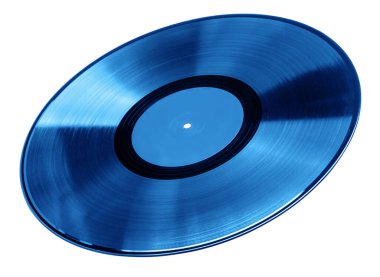 Mavi vinil plak analog müziği sembolize ediyor, şeffaf bir arkaplanda izole edilmiş.