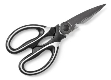 Keskin paslanmaz çelik bıçaklar ve ev kullanımı için siyah ve beyaz saplı mutfak makası.