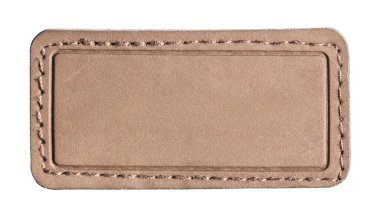 Dikdörtgen kahverengi deri yama ve dikişli kenar. Şeffaf bir arkaplan üzerinde izole edilmiş boş bir etiket alanı yaratıyor.