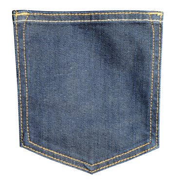 Mavi kot pantolonun cebinde şeffaf bir arka planda görünür turuncu dikişler var.