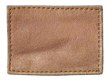 Dikdörtgen kahverengi deri yama görünür dikişli, şeffaf bir arka planı var.