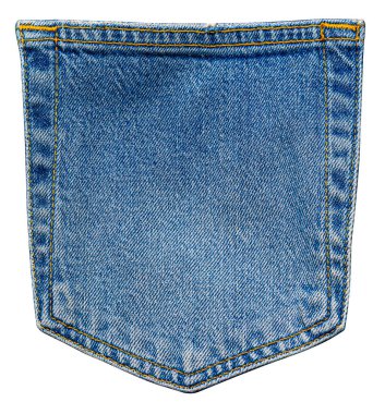 Şeffaf arka planda sarı dikişli mavi kot pantolon cebi.