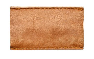 Eski deri etiket, boş ve şeffaf bir arkaplan üzerine dikilmiş, kopya alanı sağlıyor