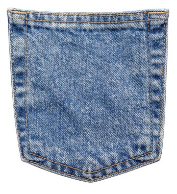 Şeffaf arka planda kumaş dokusunu ve turuncu dikiş detaylarını gösteren mavi kot pantolon arka cebi.