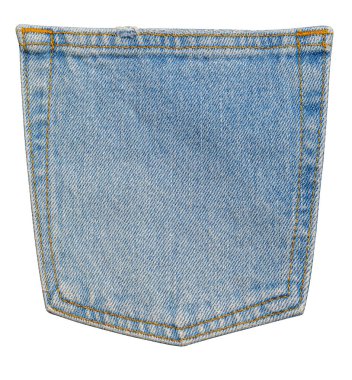 Aşınmış mavi kot pantolon arka cep kesimi görünür kumaş desenli, şeffaf arkaplan