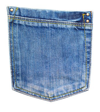 Mavi kot pantolonun cebinde şeffaf bir arka planda kumaş dokusu, turuncu dikişler ve metal perçinler var.