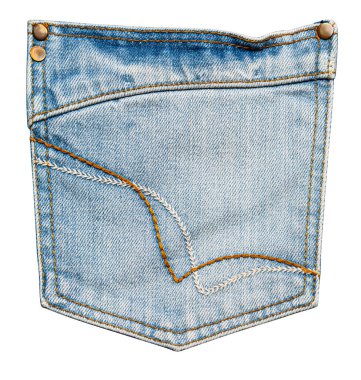 Şeffaf bir arka planda kumaş dokusu, altın dikişler ve metal perçinlerden oluşan mavi kot pantolon cebi.