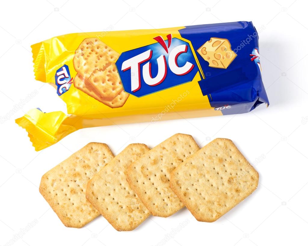 CHISINAU, MOLDOVA - NOVEMBER 14, 2015. Tuc Original Snack Crackers isolated on white. TUC is a brand of snack biscuit marketed by Mondelez International