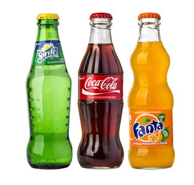Coca-Cola, Fanta and Sprite glass bottles clipart