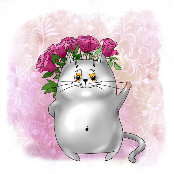 Smiling cat with  pink roses — Stock Photo, Image