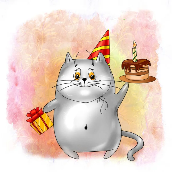 Gatto sorridente con regali e torta di compleanno — Foto Stock