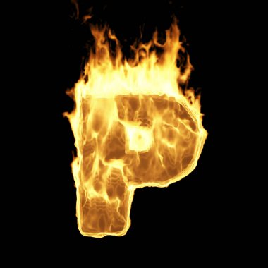 Yanan Alev Alfabesi. Ateş Harfleri siyah arkaplanda izole edildi (P harfi). 3B Hazırlama