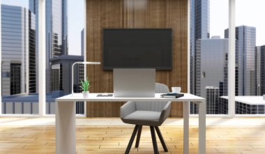 Bilgisayar ve masaüstü ile modern ofis içi. 3d oluşturma