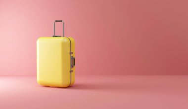 Pastel arka planda kırmızı saplı pembe valiz. seyahat konsepti. 3d oluşturma