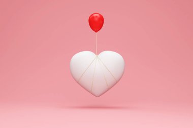 Pembe arka planda beyaz kalp şeklinde bir balonun 3D görüntülenmesi