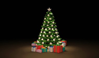 Siyah arka planda hediyeleri olan Noel ağacı.