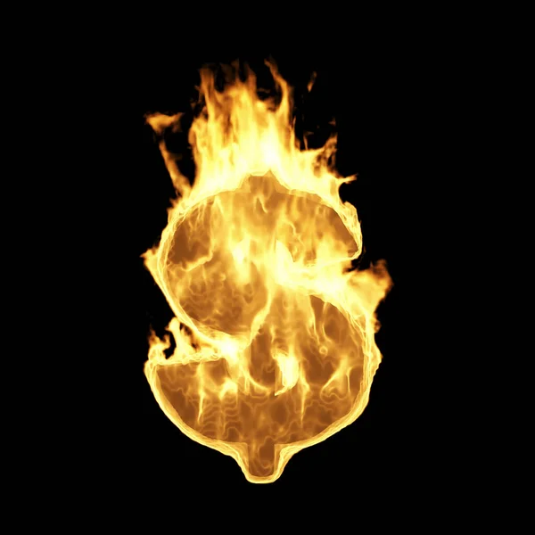 黑色背景的火焰中的美元符号和符号 3D渲染 — 图库照片