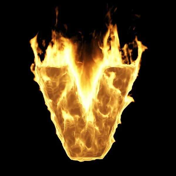 燃烧着的火焰字母 在黑色背景上隔离的火警信 字母V 3D渲染 — 图库照片