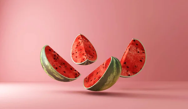 Vattenmelon Skivor Rosa Bakgrund Sommarkoncept — Stockfoto