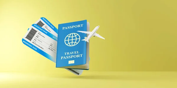 青の背景に航空券と航空券の3Dイラスト — ストック写真